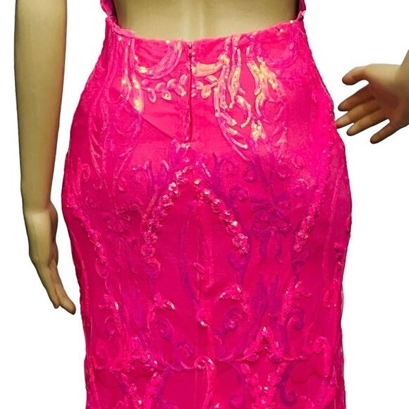 B. Darlin Pink Dress Pattern Sequin V-Neck Spaghetti Straps Maxi Gown 3-4 - Picture 10 of 16